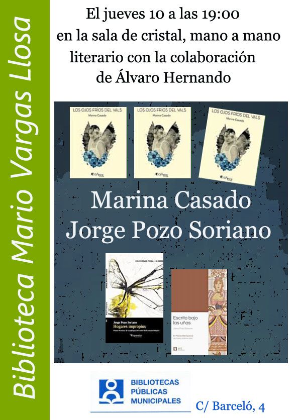 Marina Casado y Jorge Pozo Soriano en la Tertulia ‘El Escribidor’, 10 de noviembre en la Biblioteca Vargas Llosa de Madrid