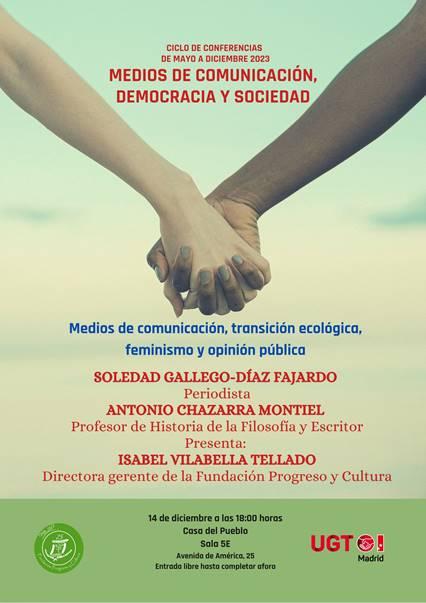 Conferencia sobre ‘Medios de comunicación, transición ecológica, feminismo y opinión pública’, impartida por Antonio Chazarra y Soledad Gallego en Progreso y Cultura.