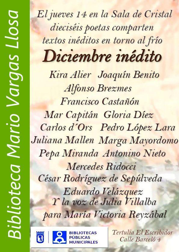 La Tertulia poética ‘El Escribidor’ cierra el año con un recital colectivo en el que intervendrán 16 poetas. 14 de diciembre en la Biblioteca Municipal Vargas Llosa de Madrid