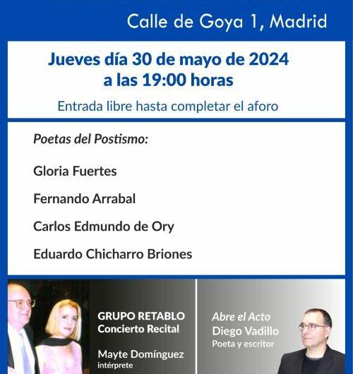 Concierto Recital del Grupo Retablo (Mayte Domínguez y Pablo Bethencourt), con poemas de Fuertes, Arrabal, De Ory y Chicharro Briones. 30 de mayo en el Centro Cultural Emilia Pardo Bazán de Madrid