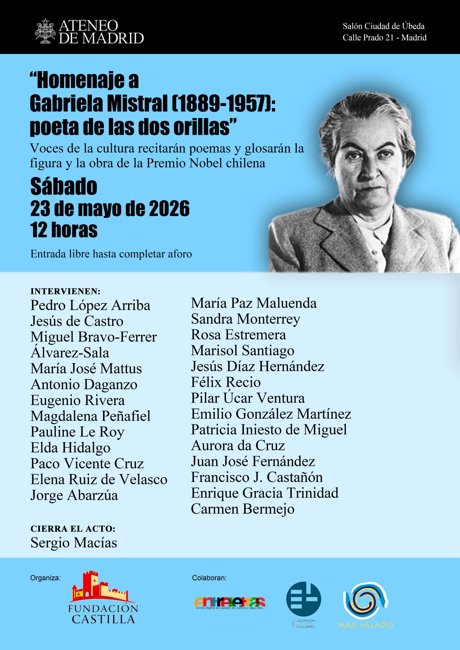 Homenaje a la poeta chilena Gabriela Mistral en el Ateneo de Madrid. 23 de mayo, a las 12:00 horas